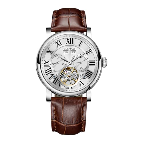 GLENAW Herren Automatik Tourbillon Vintage Uhr Braun Lederband Skelett Römisches Zifferblatt Tagesdatum Kalender 30ATM Wasserdicht Leuchtzeiger Klassische Mode Uhr für Männer, 8970-braunes Armband, von GLENAW