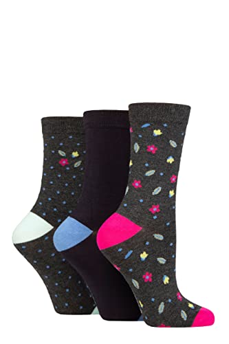 GLENMUIR Damen Gemustert Bambus Socken Packung 3 Blumen Holzkohle 37-42 von GLENMUIR