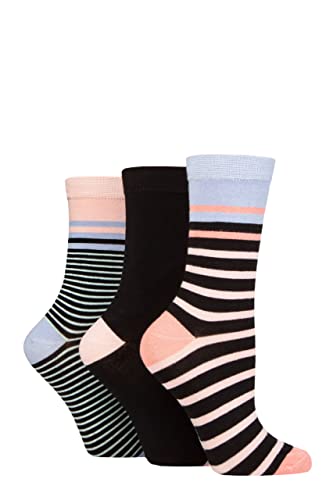 GLENMUIR Damen Gemustert Bambus Socken Packung 3 Streifen Schwarz 37-42 von GLENMUIR