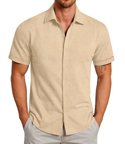 GLESTORE Hemd Herren Kurzarm Sommerhemd Hemden Freizeithemden für Männer Kurzarmhemd Beige L von GLESTORE
