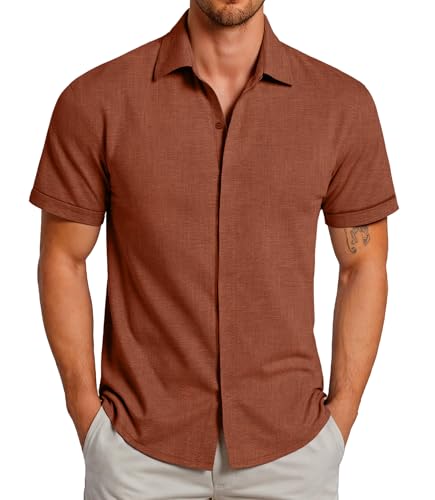 GLESTORE Hemd Herren Kurzarm Sommerhemd Hemden Freizeithemden für Männer Kurzarmhemd Rostbraun XL von GLESTORE