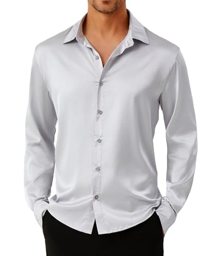 GLESTORE Satin Hemd Herren Langarm Stretch Hemden Glänzendem Herrenhemden Oberhemden Hellgrau L von GLESTORE
