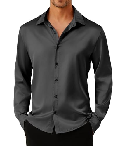 GLESTORE Satin Hemd Herren Langarm Stretch Hemden Glänzendem Herrenhemden Oberhemden Schwarz M von GLESTORE