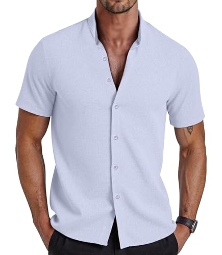 GLESTORE Herren Hemd Kurzarm Sommerhemd Henley Shirt Sommer Stehkragen Hemden Freizeithemd Blau XXL von GLESTORE