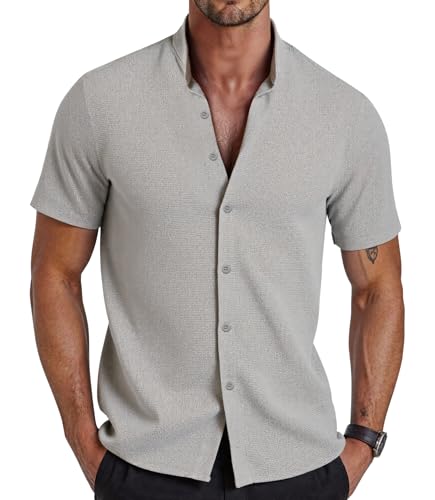 GLESTORE Herren Hemd Kurzarm Sommerhemd Henley Shirt Sommer Stehkragen Hemden Freizeithemd Grau XXL von GLESTORE