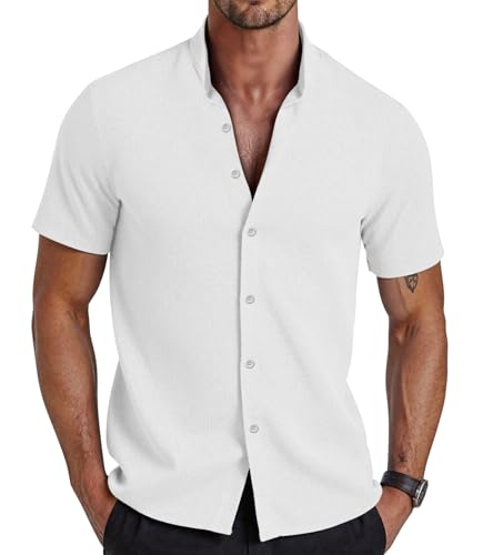 GLESTORE Herren Hemd Kurzarm Sommerhemd Henley Shirt Sommer Stehkragen Hemden Freizeithemd Weiß XL von GLESTORE