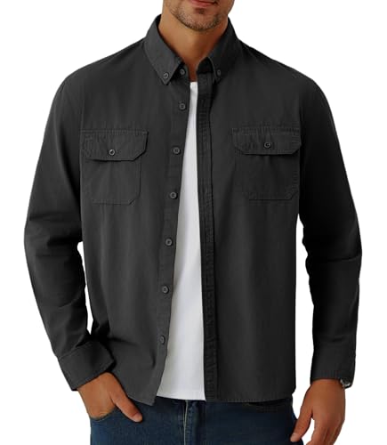 GLESTORE Hemdjacke Herren Hemden Langarm Overshirt Freizeithemd Outdoor Safari Hemd Männer Schwarz XL von GLESTORE