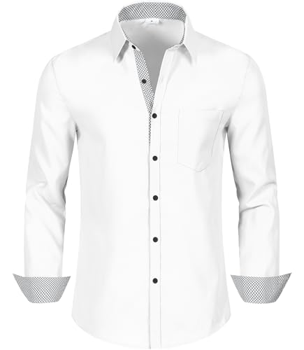 GLESTORE Herren Hemden Langarm Business Casual Hemd Modische Regular fit Herrenhemd Weiß L von GLESTORE