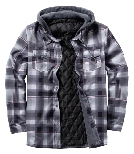 GLESTORE Holzfäller Jacke Herren Flanell Hemdjacke Gefüttert Thermohemd Winter Langarm mit Kapuze Kariert Lumberjacket Schwarz und Grau L von GLESTORE