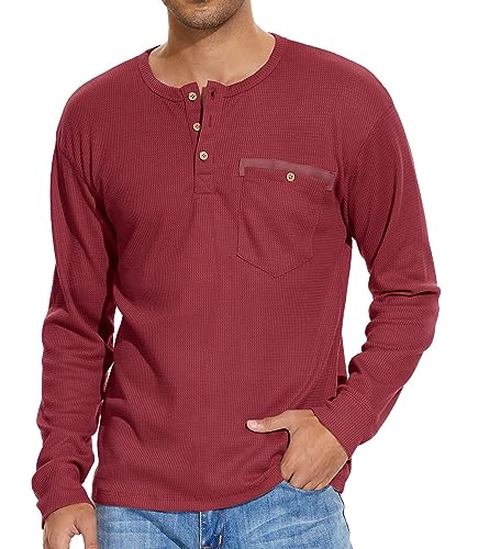 GLESTORE Langarmshirt Herren Herbst Winter Henley Shirt Waffelstrick Causal Brusttasche Knopfleiste Hemd T-Shirts Burgunderrot XL von GLESTORE