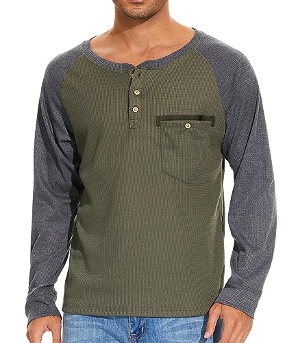 GLESTORE Langarmshirt Herren Herbst Winter Henley Shirt Waffelstrick Causal Brusttasche Knopfleiste Hemd T-Shirts Grün und Grau L von GLESTORE