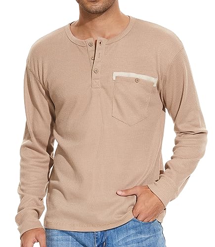 GLESTORE Langarmshirt Herren Herbst Winter Henley Shirt Waffelstrick Causal Brusttasche Knopfleiste Hemd T-Shirts Khaki M von GLESTORE