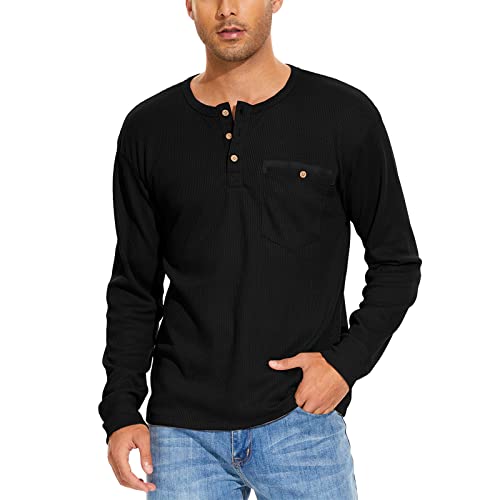 GLESTORE Langarmshirt Herren Herbst Winter Henley Shirt Waffelstrick Causal Brusttasche Knopfleiste Hemd T-Shirts Schwarz XL von GLESTORE