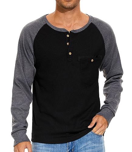 GLESTORE Langarmshirt Herren Herbst Winter Henley Shirt Waffelstrick Causal Brusttasche Knopfleiste Hemd T-Shirts Schwarz und Grau XXL von GLESTORE