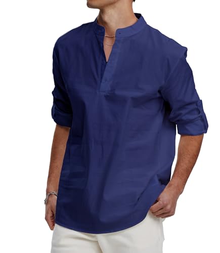 GLESTORE Leinenhemd Herren Langarm Shirt Herren Freizeithemd Sommerhemd Henley Herren Leinen Hemd Shirt Marineblau XL von GLESTORE