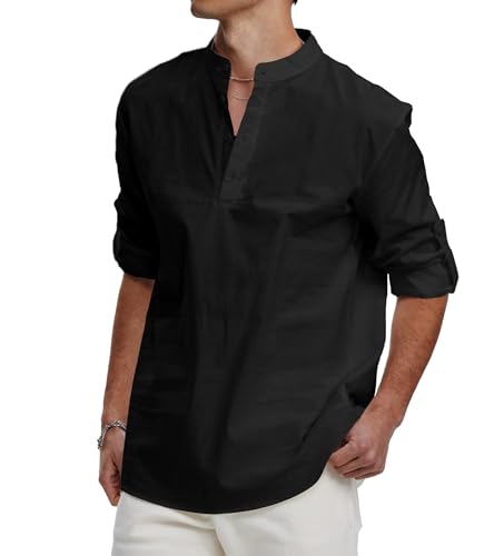 GLESTORE Leinenhemd Herren Langarm Shirt Herren Freizeithemd Sommerhemd Henley Herren Leinen Hemd Shirt Schwarze L von GLESTORE