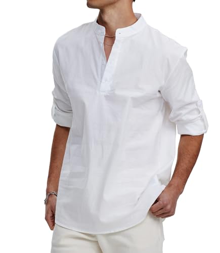 GLESTORE Leinenhemd Herren Langarm Shirt Herren Freizeithemd Sommerhemd Henley Herren Leinen Hemd Shirt Weiß XL von GLESTORE