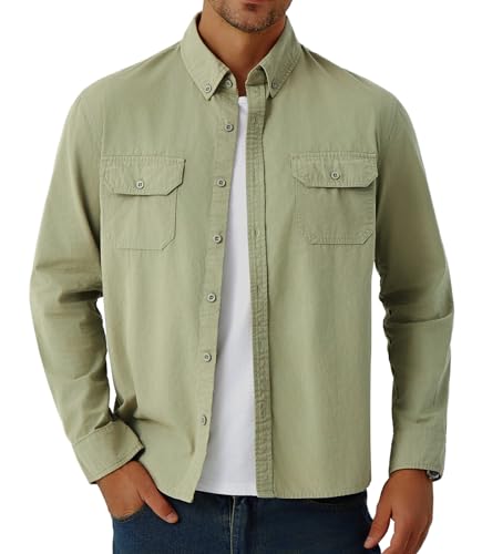 GLESTORE Hemdjacke Herren Hemden Langarm Overshirt Freizeithemd Outdoor Safari Hemd Männer ArmeeGrün M von GLESTORE