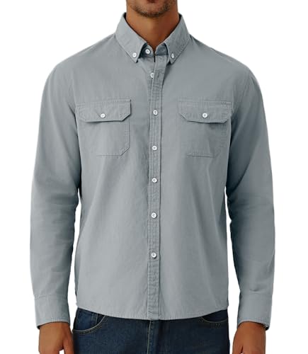 GLESTORE Hemdjacke Herren Hemden Langarm Overshirt Freizeithemd Outdoor Safari Hemd Männer Blau XXL von GLESTORE