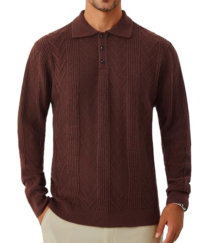 GLESTORE Polo Pullover Herren Poloshirt Langarm Strick Herrenpullover mit Kragen Polos Braun M von GLESTORE