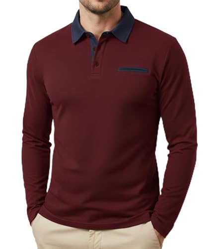 GLESTORE Poloshirt Herren Langarm Polo Shirts für Männer Golf Polohemd Mit Kragen Regular Fit Burgunderrot XXL von GLESTORE