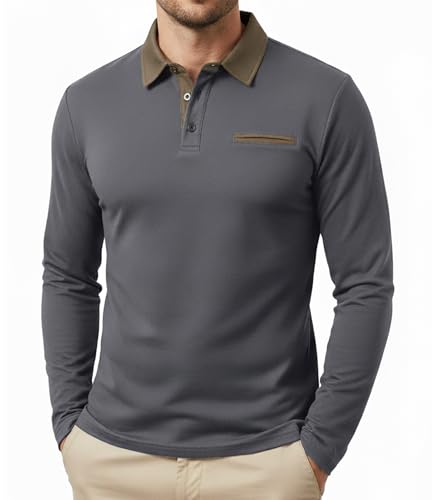 GLESTORE Poloshirt Herren Langarm Polo Shirts für Männer Golf Polohemd Mit Kragen Regular Fit Grau L von GLESTORE