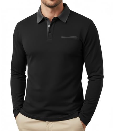 GLESTORE Poloshirt Herren Langarm Polo Shirts für Männer Golf Polohemd Mit Kragen Regular Fit Schwarz XL von GLESTORE