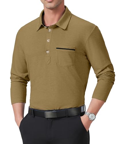 GLESTORE Poloshirt Herren Langarm Polo Hemd Poloshirts Langarmshirt Polohemd für Männer Khaki XL von GLESTORE
