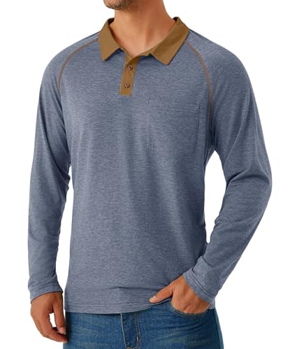 GLESTORE Poloshirt Herren Langarm Polohemd Männer Polos Shirt mit Brusttasche Regular Fit Blau L von GLESTORE
