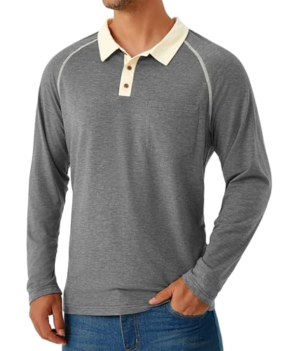 GLESTORE Poloshirt Herren Langarm Polohemd Männer Polos Shirt mit Brusttasche Regular Fit Grau XL von GLESTORE