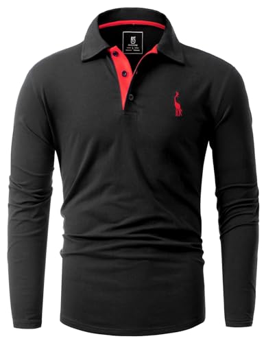 GLESTORE Poloshirt Herren Langarm Slim Fit Tshirt für Männer Golf Polo Shirt Baumwolle Polohemd Schwarz L von GLESTORE