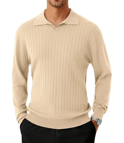 GLESTORE Pullover Herren Strick Langarm Poloshirt V Ausschnitt Business Herrenpullover Beige XXL von GLESTORE