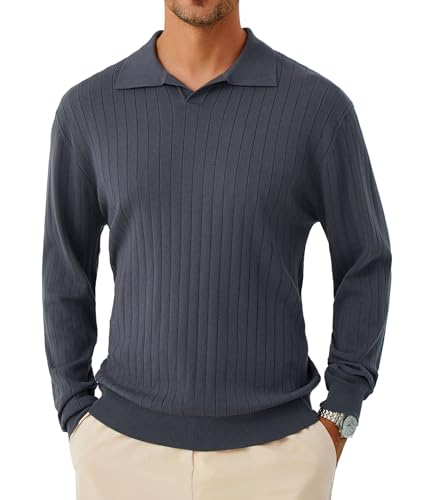GLESTORE Pullover Herren Strick Langarm Poloshirt V Ausschnitt Business Herrenpullover Dunkelgrau XXL von GLESTORE