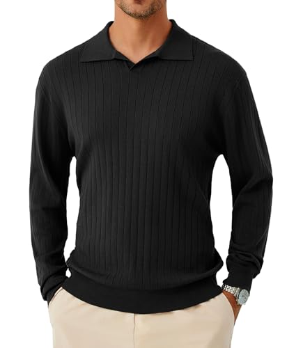 GLESTORE Pullover Herren Strick Langarm Poloshirt V Ausschnitt Business Herrenpullover Schwarz M von GLESTORE