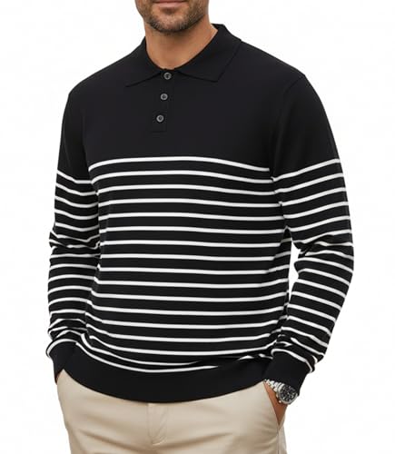 GLESTORE Pullover für Herren Poloshirt Langarm Gestreiftes Strickpullover mit Polokragen Schwarz XL von GLESTORE
