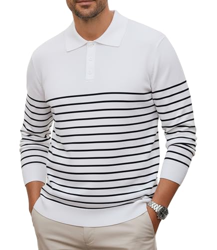 GLESTORE Pullover für Herren Poloshirt Langarm Gestreiftes Strickpullover mit Polokragen Weiß L von GLESTORE