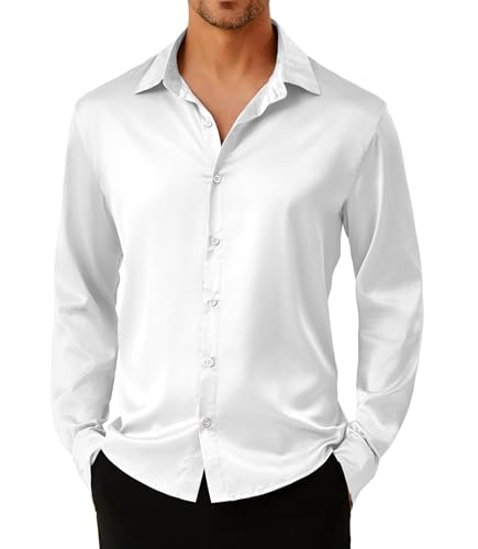 GLESTORE Satin Hemd Herren Langarm Stretch Hemden Glänzendem Herrenhemden Oberhemden Weiß XXL von GLESTORE