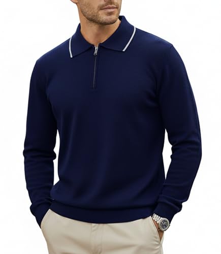GLESTORE Strick Pullover Herren Sweater Polos Langarm Strickpullover mit Reißverschluss Marineblau XXL von GLESTORE