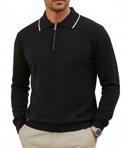 GLESTORE Strick Pullover Herren Sweater Polos Langarm Strickpullover mit Reißverschluss Schwarz L von GLESTORE