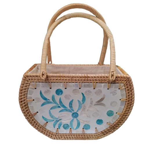 GLFLOW Handgefertigte Strandtasche aus Rattan mit Muscheldekoration, Sommeraufbewahrung, Handtasche für Kosmetik, Reiseutensilien GLFLOW Handgefertigte Strandtasche aus Rattan mit Muscheldekoration, Sommeraufbewahrung, Handtasche für Kosmetik, Reiseutensilien von GLFLOW