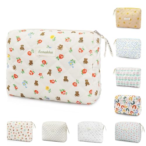 Gesteppte Kosmetiktasche,Tragbare Reise Kosmetiktasche,Makeup Aufbewahrungstasche Baumwolle Make-up Tasche für Frauen und Mädchen (Bär+Blume) von GLGHMH