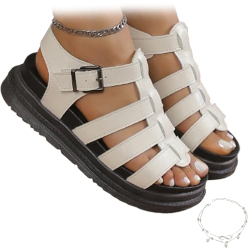 GLIART Rhinestone Decor Wedge Sandals,Black Strappy Fisherman Gladiator Leather Sandals for Womens Wide Fit with Arch Support (C-White,41) von GLIART