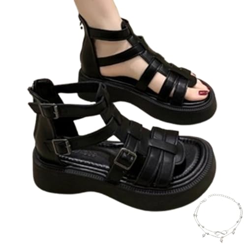 GLIART Rhinestone Decor Wedge Sandals,Black Strappy Fisherman Gladiator Leather Sandals for Womens Wide Fit with Arch Support (D-Black,39) von GLIART