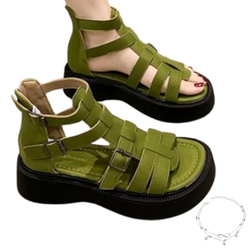 GLIART Rhinestone Decor Wedge Sandals,Black Strappy Fisherman Gladiator Leather Sandals for Womens Wide Fit with Arch Support (D-Green,38) von GLIART