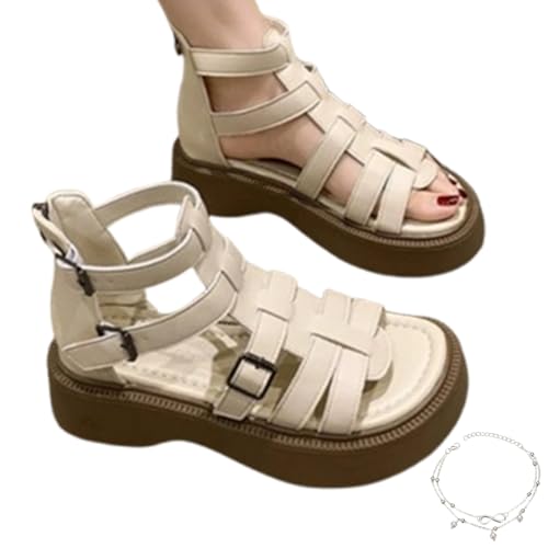 GLIART Rhinestone Decor Wedge Sandals,Black Strappy Fisherman Gladiator Leather Sandals for Womens Wide Fit with Arch Support (D-White,38) von GLIART