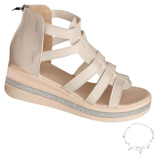GLIART Rhinestone Decor Wedge Sandals,Black Strappy Fisherman Sandals with Arch Support for Womens Wide Fit,Summer Gladiator Leather (A-Beige,40) von GLIART