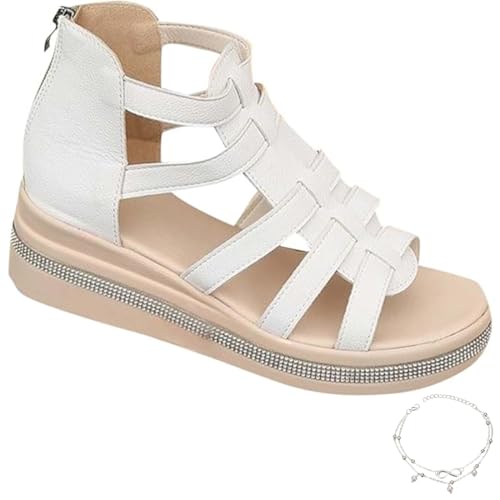 GLIART Rhinestone Decor Wedge Sandals,Black Strappy Fisherman Sandals with Arch Support for Womens Wide Fit,Summer Gladiator Leather (A-White,41) von GLIART