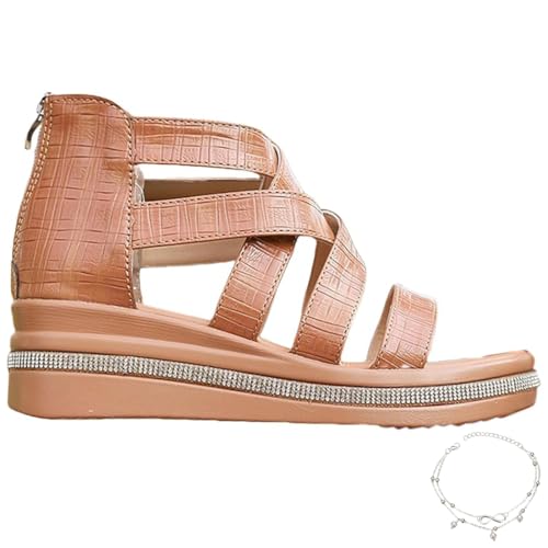 GLIART Rhinestone Decor Wedge Sandals,Black Strappy Fisherman Sandals with Arch Support for Womens Wide Fit,Summer Gladiator Leather (B-Brown,40) von GLIART