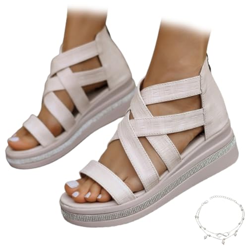 GLIART Rhinestone Decor Wedge Sandals,Black Strappy Fisherman Sandals with Arch Support for Womens Wide Fit,Summer Gladiator Leather (B-White,38) von GLIART