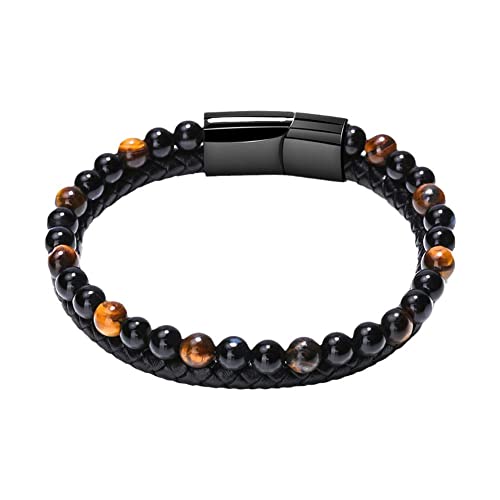 GLIMDA Schwarze Lavastein Perlen Armbänder, Humanische Perlen Armbänder, Herren Perlen Armbänder, Geflochtene Leder Tigerauge Lava Stein Armbänder Für Männer von GLIMDA